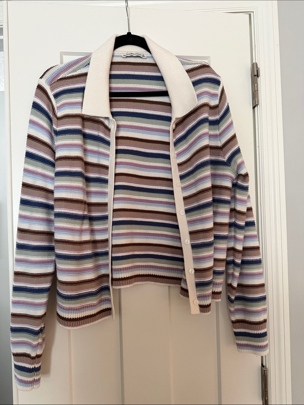 Abercrombie & Fitch Striped Button-Front Cardigan - Cream, Brown, Blue, Lavender